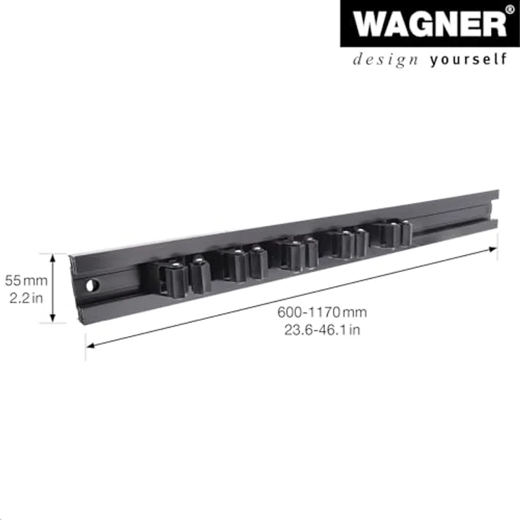 Wagner System Werkzeugwand WH 2096, design yourself Wandhalterung in schwarz mit ausziehbarer Länge von 600 mm bis 1170 mm und fünf verschiebbaren Gerätehaltern – Bild 2
