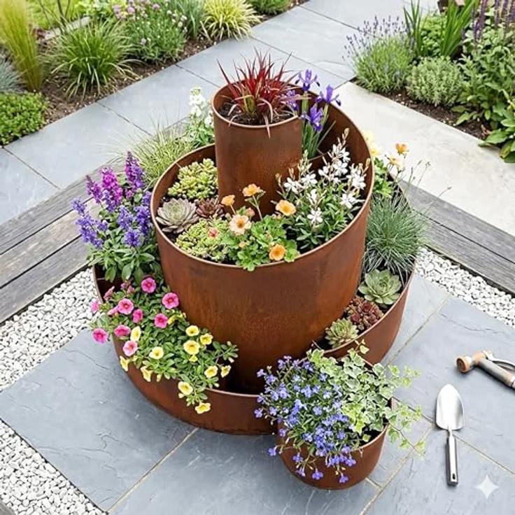 Spetebo Edelrost Eisen Kräuterspirale 3 Ebenen, 58 x 43 cm, Metall Kräuterschnecke mit 5 Kammern zum Bepflanzen, Natur Rost – Bild 5