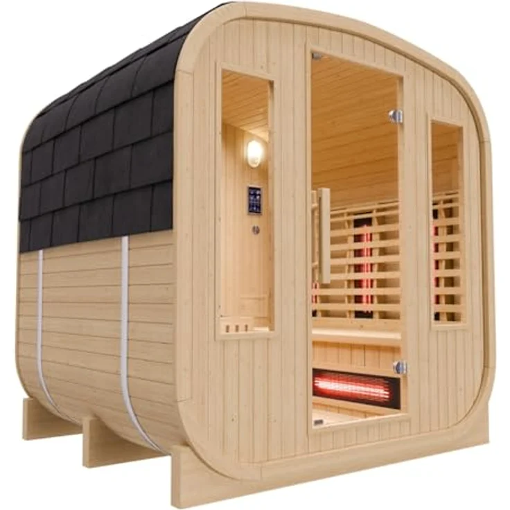 Dewello® -Cube Outdoor Fasssauna Richmond - 200 cm x 180 cm x 200 cm, Fichtenholz - 10 Infrarotstrahler, Saunaofen, Saunazubehör - Gartensauna für 4 Personen – Bild 2