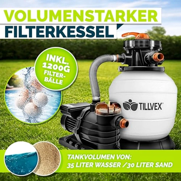 tillvex Sandfilteranlage 13.200L/h mit 1200g Filterbällen, Pumpenfilter mit 7-Wege Ventil & 2in1 Adapter Ø32-38mm für Pools bis 40.000L – Bild 7