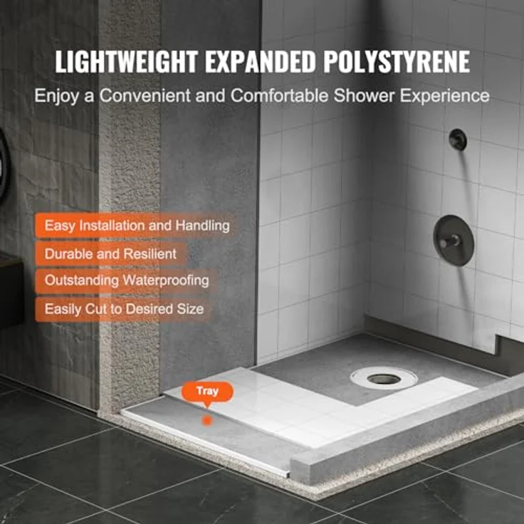 VEVOR Duschrand-Set, 1524 x 965 x 28 mm, wasserdichte Duschwanne mit 16,5 cm versetztem Abfluss und leichtem EPS-Material, inkl. 2 wasserdichten Tüchern – Bild 4