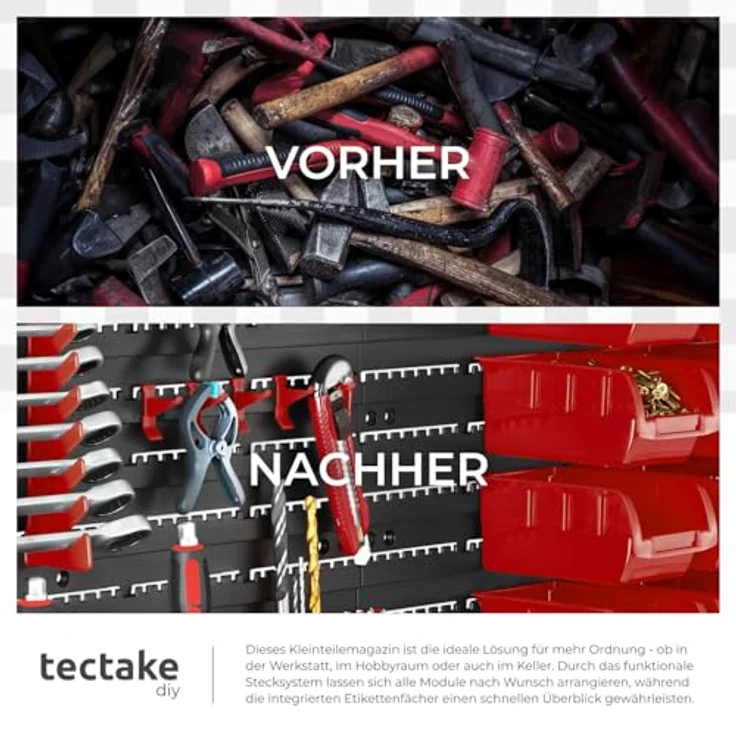tectake® Kleinteilemagazin Werkzeugwand, flexibel erweiterbar mit 28 stapelbaren Boxen in Schwarz und Rot, sortierbares Werkstattregal für Schrauben und Muttern – Bild 5