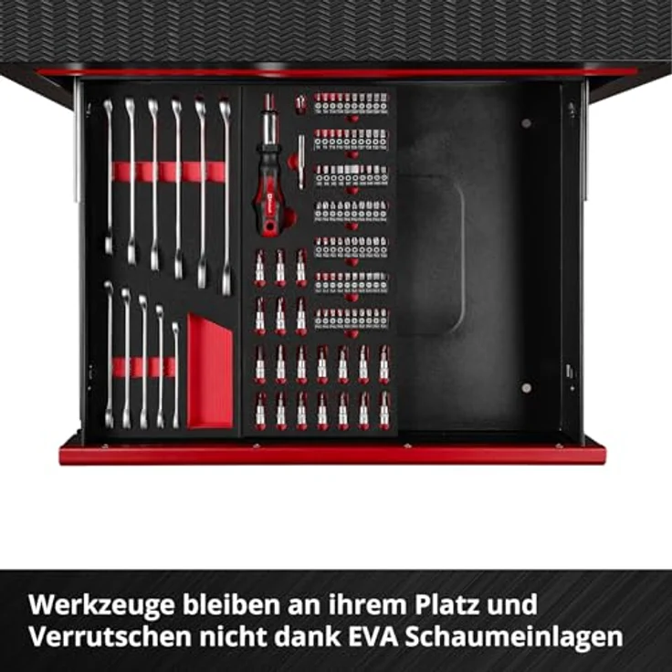 Einhell Werkstattwagen 149-tlg., inkl. 70 Bits, 11 Ringgabelschlüssel und Zangen, kugelgelagerte Schubladen, abschließbar, mobil – Bild 9