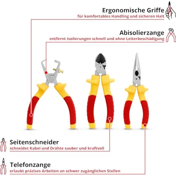 Einhell Elektriker-Zangen-Set 3-tlg. (Isolierung bis 1.000 Volt, Seitenschneider 160mm, Abisolierzange, Telefonzange, ergonomische 2K-Griffe in Rot-Gelb) – Bild 2