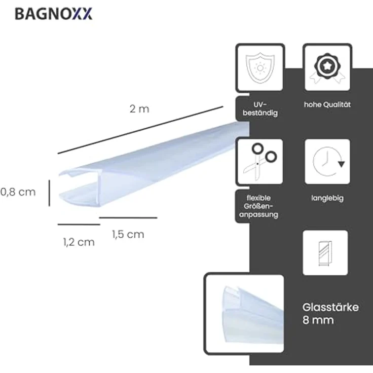 Bagnoxx Spaltdichtung Türdichtung mit leichter Wölbung, 2m, für 8mm, transparent, schimmelresistent und UV-beständig – Bild 2