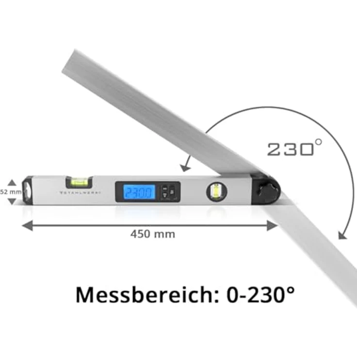 STAHLWERK DW-45 ST Digitaler Winkelmesser mit Wasserwaage, 0-230 Grad, 450 mm, beleuchtetes LCD-Display, Hold-Funktion – Bild 5