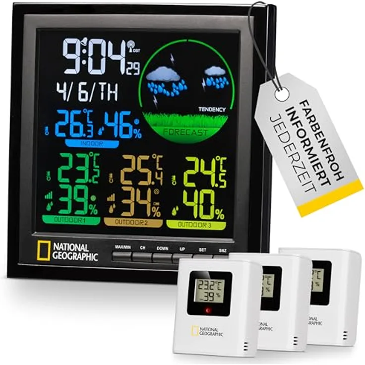 National Geographic Wetterstation, inkl. 3 Sensoren, Farbdisplay mit Wettervorhersage und Alarmfunktion