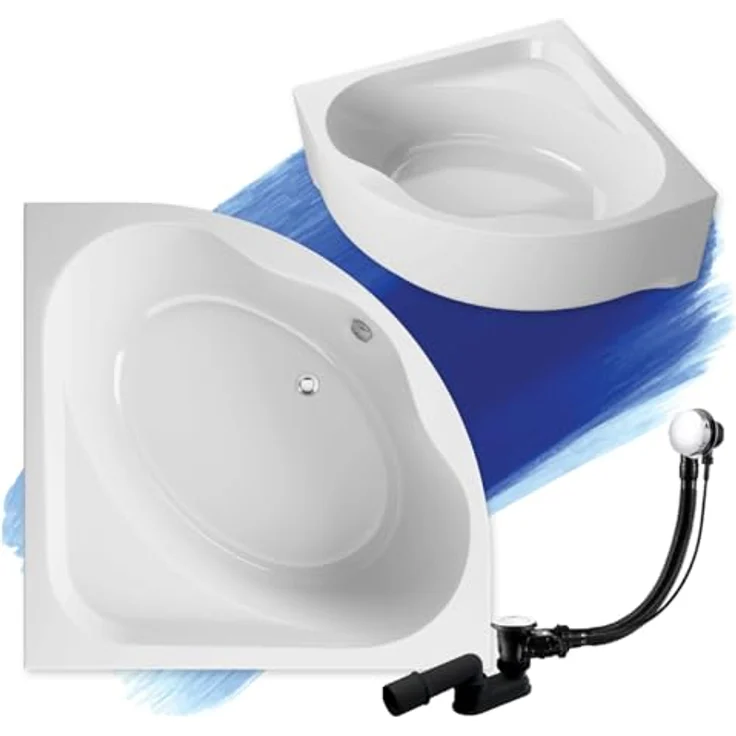 Polimat BADLAND Eckbadewanne STANDARD, 150x150 cm, Weiß Acryl, 4in1 Komplettset mit automatischer Chrom Ablaufgarnitur, inkl. Acrylschürze und Füßen, Made in EU – Bild 1