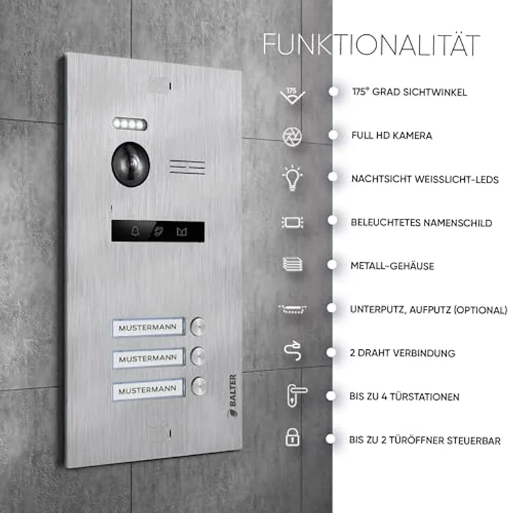 Balter EVO HD Video-Türsprechanlage, Komplettset für 3-Familienhaus mit 3x 7 Zoll Monitoren, Full HD Kamera und 175° Weitwinkel, schwarz – Bild 2