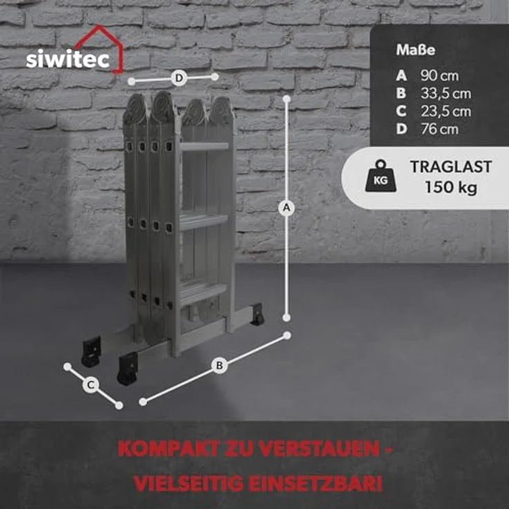 siwitec Mehrzweckleiter 4 x 3 Stufen, Leiter mit 2 Gerüstplatten, Aluleiter bis 150 kg, 12 Stufen, TÜV/GS zertifiziert – Bild 3