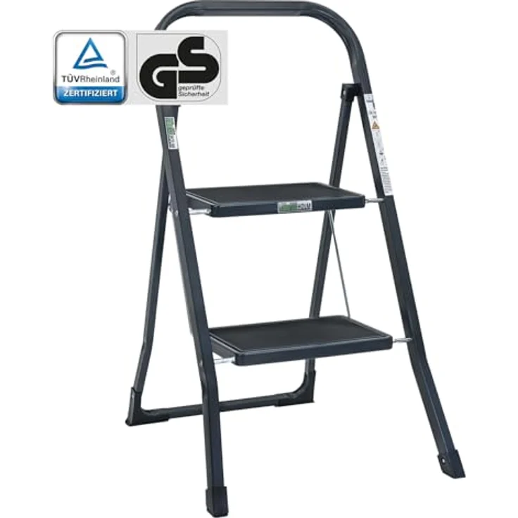 TRUTZHOLM Trittleiter 2 Stufen, klappbar, TÜV/GS zertifiziert, 150 kg Traglast, Anti-Rutsch Trittflächen, Sicherheitsverriegelung, anthrazit – Bild 1