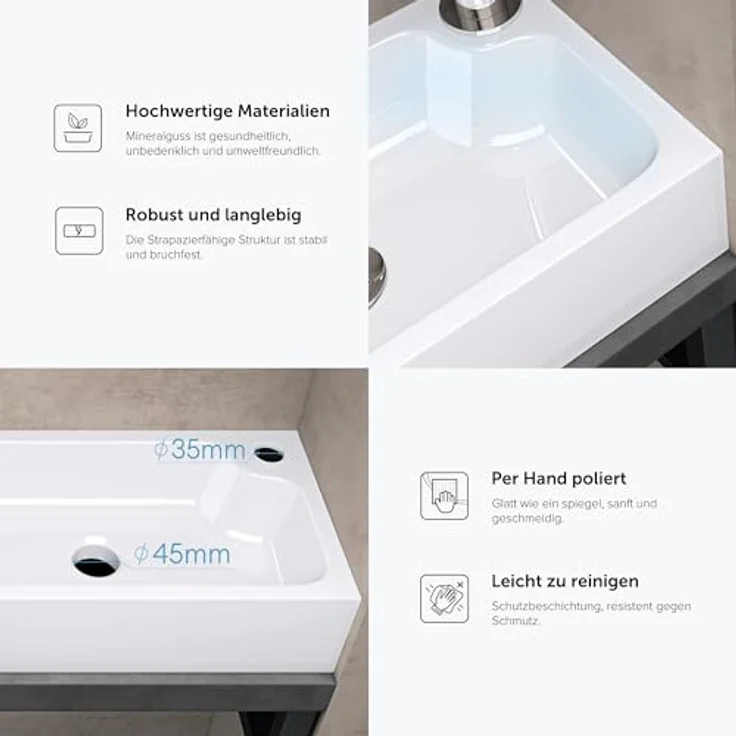 doporro Aufsatzwaschbecken Col101 aus Mineralguss, 46x26x11cm, eckig – Bild 6