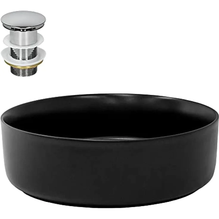 LuxeBath Aufsatzwaschbecken aus Keramik, Schwarz, Ablaufgarnitur ohne Überlauf, für Badezimmer/Gäste-WC – Bild 1
