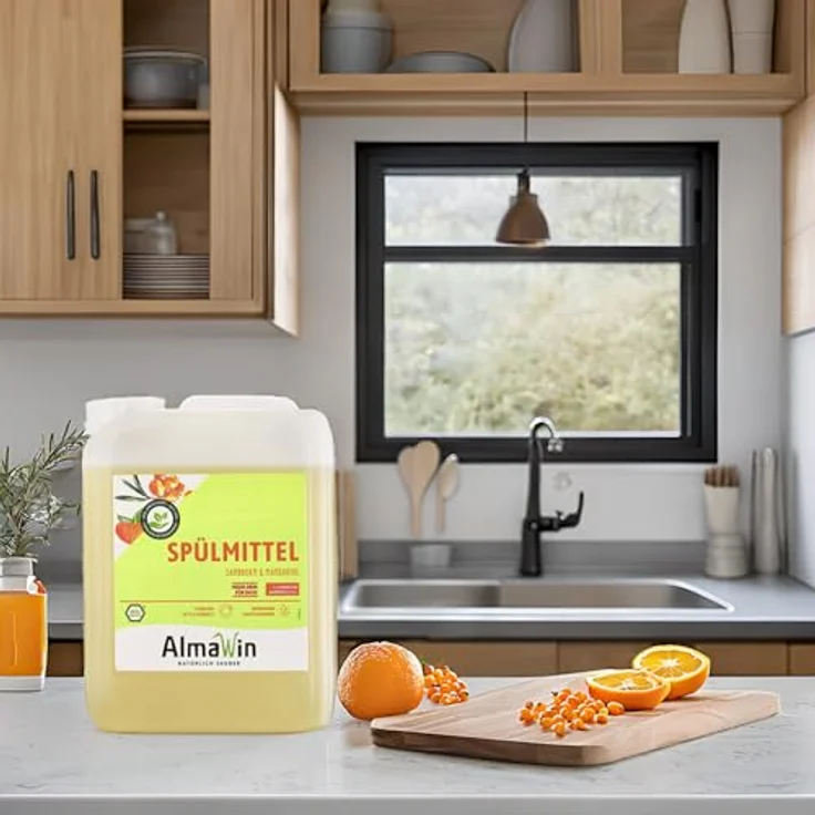 Almawin Spülmittel - Sanddorn Mandarine 5L, hochkonzentriertes Geschirrspülmittel mit fruchtigem Duft und hautmilden Weizenproteinen – Bild 2