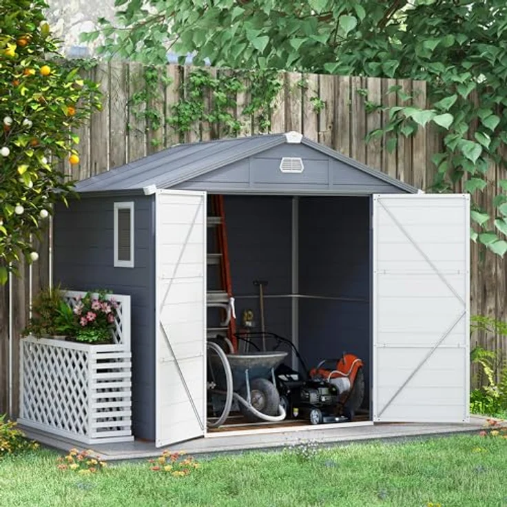 Outsunny Gerätehaus 4,1m³, Gartenhaus mit Pultdach, 240 x 190 x 180/228 cm, Grau, Abschließbare Tür, Fenster, Fahrradgarage, Gartenschrank aus Aluminium – Bild 2