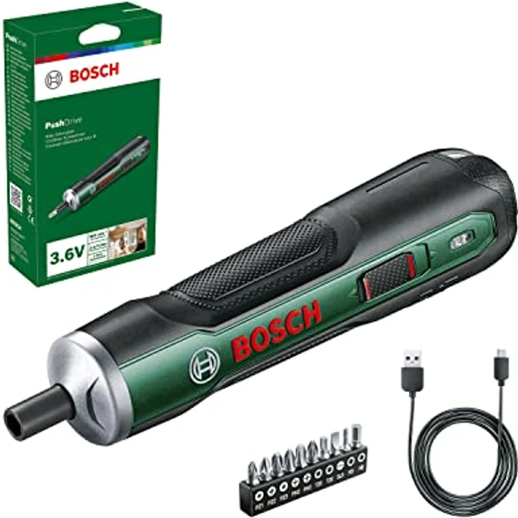 Bosch Akkuschrauber PushDrive Starter Set (3,6V; 1,5Ah; 5,0 Nm; 10x Schraubendreher-Bits; mit Mikro-USB-Kabel; im Karton) – Bild 1