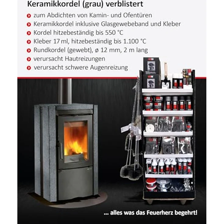 FIREFIX FIREFIX 2046 Keramikkordel ø 12mm grau, 2m Dichtschnur für Kaminofen, hitzebeständig bis 1100 °C, Rundkordel mit Kleber 17ml – Bild 3