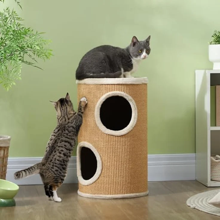 PawHut Kratztonne, 60 cm Hoch Katzentonne mit 2 Höhle, Kratzbaum, Katzenturm aus Sisal, für Katze bis 5 kg, Braun – Bild 2