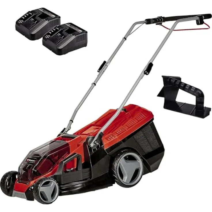 Einhell Akku-Rasenmäher 'GE-CM 36/36 Li M Kit', mit 2x 18V 4,0 Ah Akkus und Ladegeräten, bis 400 m², bürstenloser Motor, 36 cm Schnittbreite, Mulchfunktion, höhenverstellbarer Führungsholm