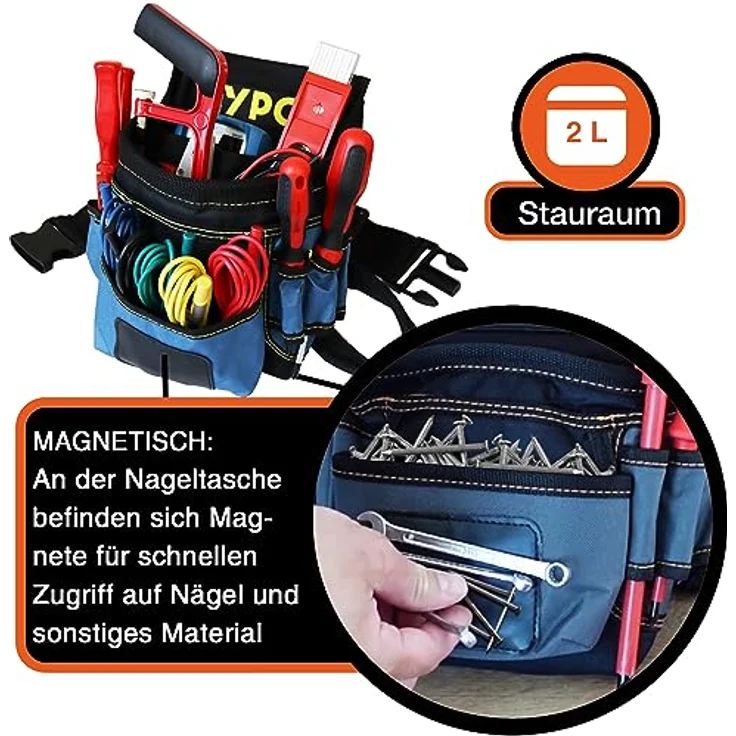 YPC Presto Werkzeug Gürteltasche XL – Wasserfeste Werkzeugtasche mit Hammerschlaufe, 12 Taschen, reißfester Nylongürtel, Blau-Schwarz, 27x21x13cm, 5 kg Tragkraft – Bild 3