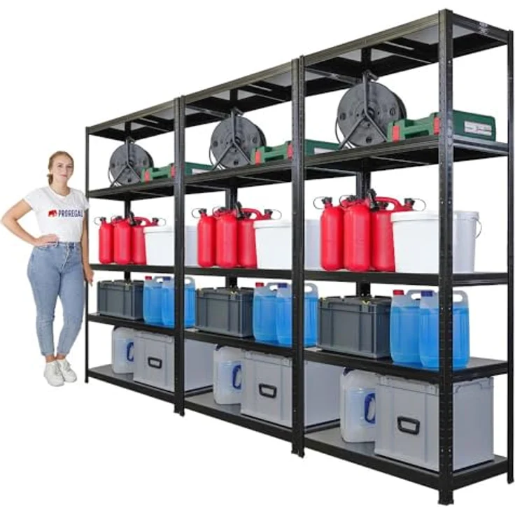Proregal Metallregal Mega Deal Ragnar, Schwerlastregal mit 5 verstellbaren Böden, Traglast pro Boden 125 kg, Steckmontage, Schwarz, H x B x T: 180 x 90 x 40 cm – Bild 3