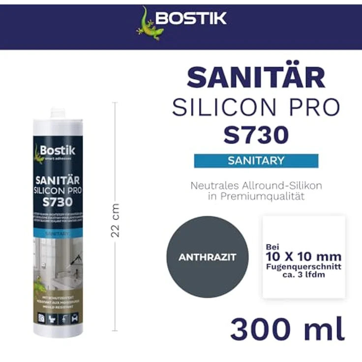 BOSTIK S730 Sanitär Silikon Pro, Anthrazit, 300ml, wasserfest und chemikalienbeständig für Innen- und Außenanwendungen – Bild 2