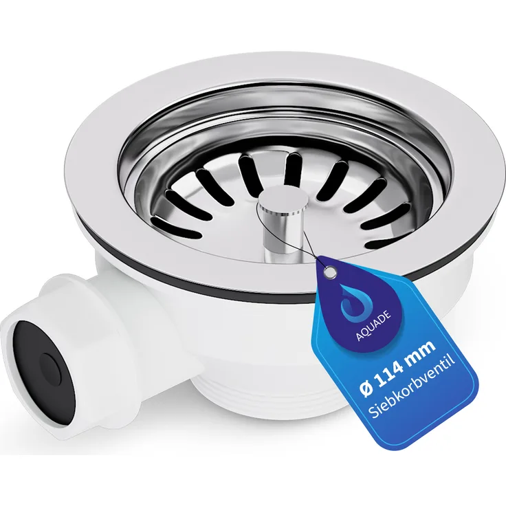 AquaDE Siebkorbventil Ø114mm 3 1/2 mit seitlichem Überlaufanschluss für Spüle, rostfreier Edelstahl, weiß