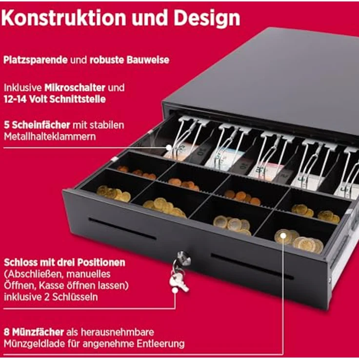 OLYMPIA OFFICE Geldkassette XLD 460A, Metall Kassenschublade mit 8 Münzfächern, 4 Scheinfächern, schwarze Geldlade mit Schloss und Mikroschalter – Bild 7