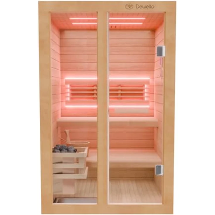 Dewello Sauna TOFINO 120x140 Finnische Sauna, 2 Personen, Saunaofen Harvia 3,5KW, Hemlockholz, BxTxH: 120 x 140 x 190 cm – Bild 5