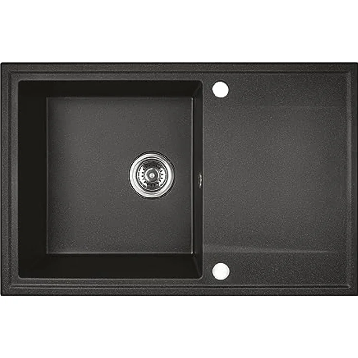 KOLMAN Granitspüle 44x67 cm HUNTER Spülbecken Einzelbecken Schwarz mit Space Saving Siphon, tiefes Becken für große Töpfe und Backbleche – Bild 1