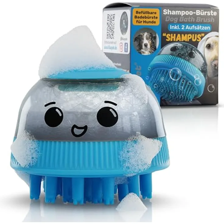 BluePet Befüllbare Badebürste für Hundeshampoo, inkl. 2 Aufsätze (weich + fest) für alle Rassen, sanftes Einmassieren & effektive Fellpflege