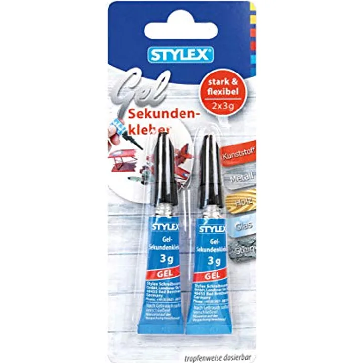 Stylex 31051 - Sekunden-Klebegel, extra stark und flexibel, 2 Tuben à 3 g, klebt tropffrei und sekundenschnell, auch für senkrechte Flächen zum Kleben von Kunststoff, Metall, Holz, Glas und Stein