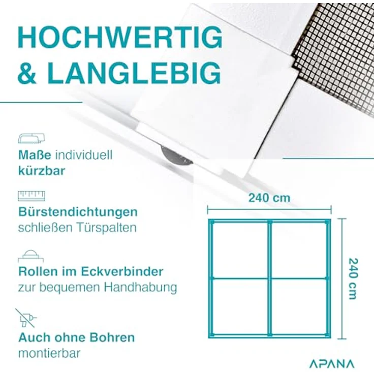 APANA universelle Fliegengitter Schiebetür in Anthrazit - Insektenschutz zum Zuschneiden bis 240cm x 240cm, stabiles Fiberglasgewebe – Bild 3