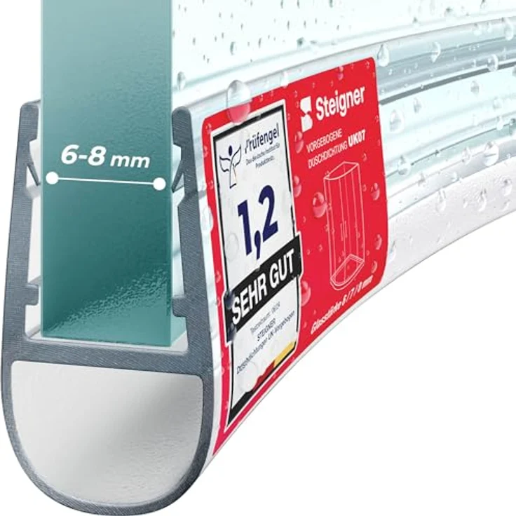 STEIGNER Duschdichtung gebogen UK07, Transparent, Schutz gegen Auslaufen, für Runddusche und Duschkabine Viertelkreis, 30 cm, flexibles Material für 6-8 mm Glas – Bild 1