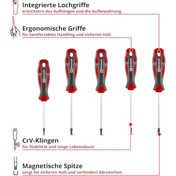 Einhell Schraubendreher-Set 5-tlg. T-Profil, CrV-Klingen, magnetische Spitze, ergonomische Griffe, Profilgrößen T10/T15/T20/T25/T30 – Bild 2
