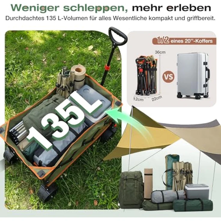 Sekey XXL Bollerwagen Faltbar, 135L Volumen, 150KG belastbar, leichte All-Terrain-Räder, breiter Handwagen mit Bremse, patentierter 4-Wege-Sofortaufbau, Grün mit Orange – Bild 5