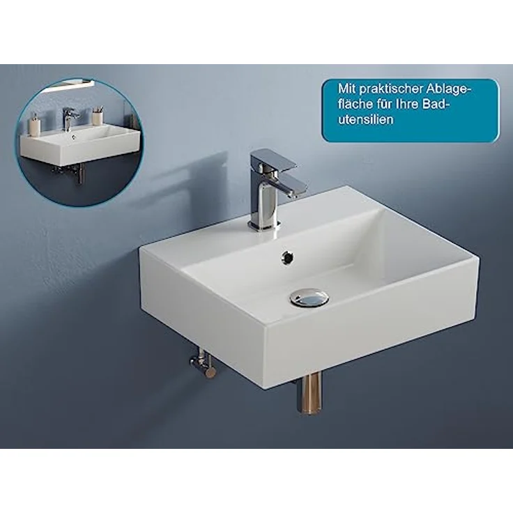 Aqua Bagno | Design Hängewaschbecken mit dünnem Rand, hochwertige Keramik, weiß, genormte Anschlüsse | 500 x 420 mm – Bild 4