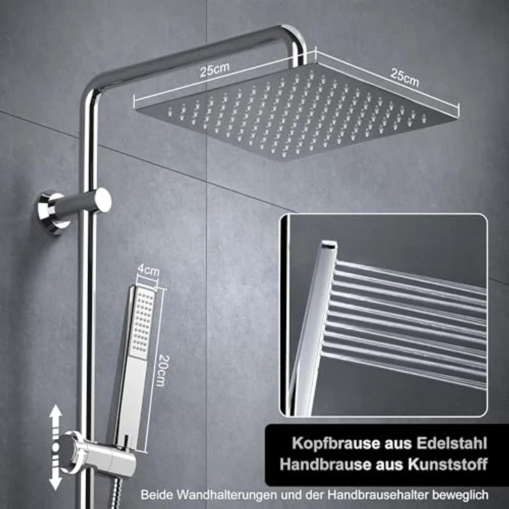Görbach Edelstahl Duschset Regendusche 25x25 cm, Duschsystem ohne Armatur mit verstellbarer Duschstange und Duschablage in Chrom – Bild 3
