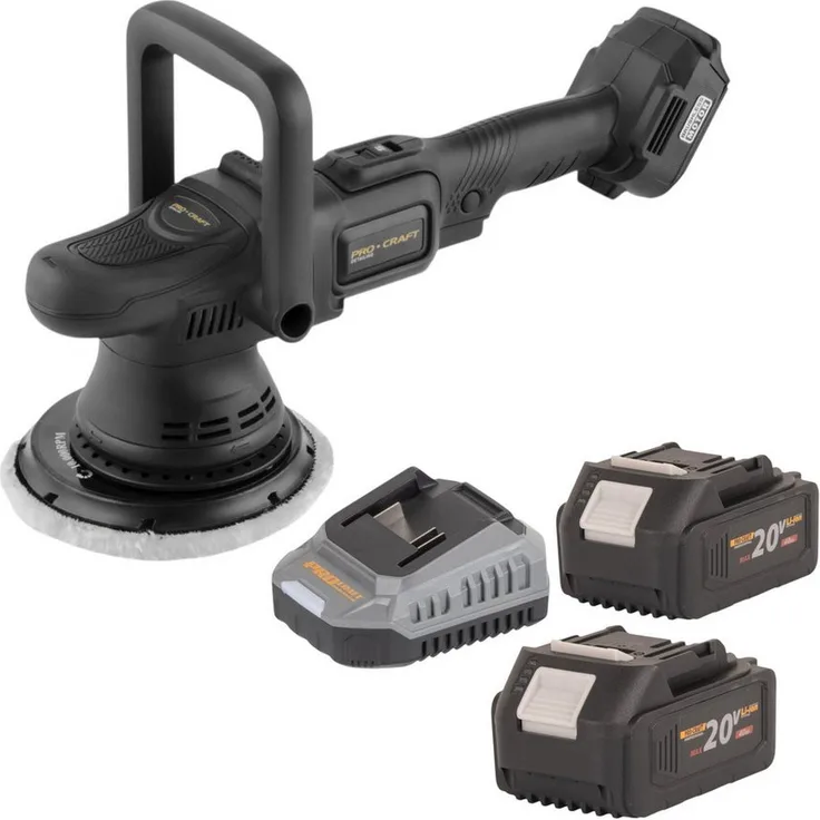 PRO CRAFT PM22bb Akku-Poliermaschine, 20 Volt, 150 mm, inkl. 2x 4,0Ah Akku und Lader, bürstenloser Motor, Geschwindigkeitsregelung 2500–4800/min