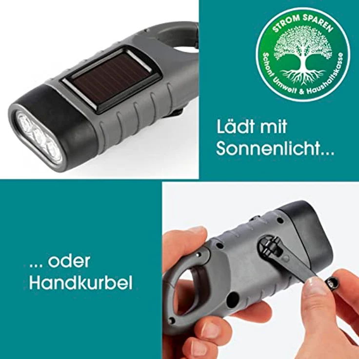 EASYmaxx Solar Taschenlampe mit Dynamo Kurbel | Notfall Solar & Dynamo Taschenlampe | helle LED Lampe | Indoor, Outdoor & Camping Notlicht mit Karabinerhaken zum Aufhängen [ohne Batterie] - Preisvergleich – Bild 3