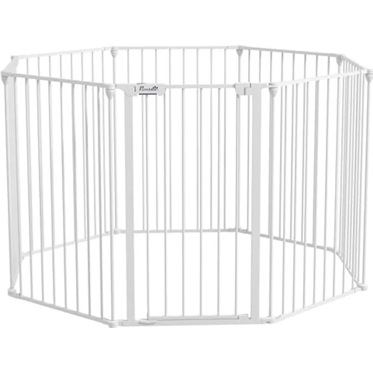 PawHut Welpenauslauf klappbar Absperrgitter Hunde, 90 cm Hoch, Freilaufgehege mit 8 Platten, Freistehendes Hundegitter mit Tür, Flexible Kaminschutzgitter für Hunde, Stahl, Weiß