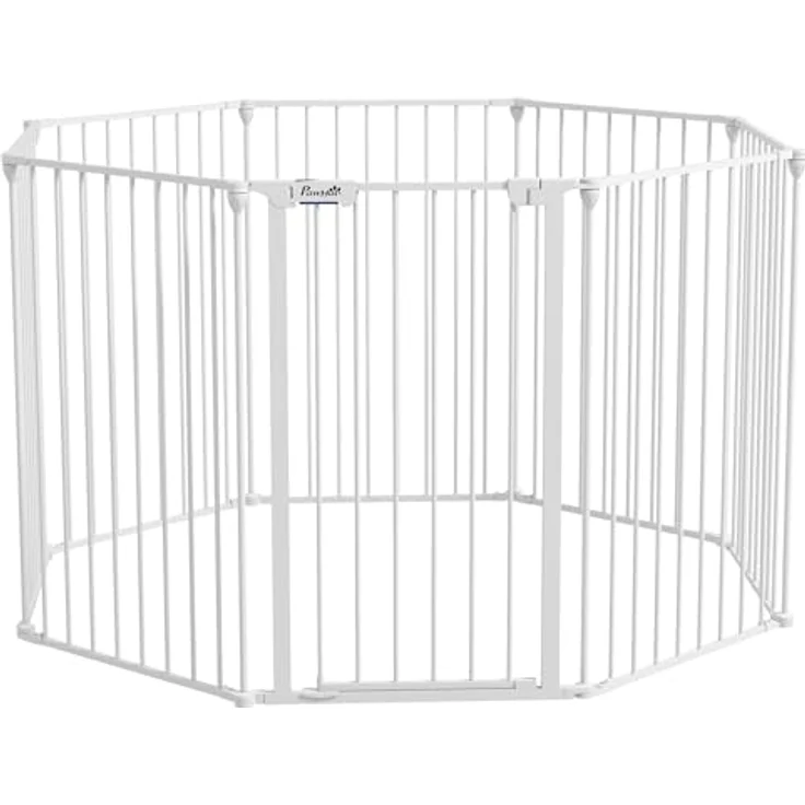 PawHut Welpenauslauf klappbar Absperrgitter Hunde, 90 cm Hoch, Freilaufgehege mit 8 Platten, Freistehendes Hundegitter mit Tür, Flexible Kaminschutzgitter für Hunde, Stahl, Weiß – Bild 1