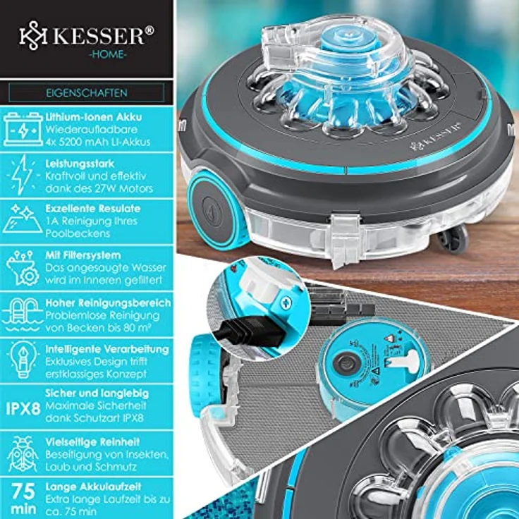 KESSER® Poolroboter Poolreiniger Akku Aqua-9000 inkl. Transporttasche Pool Roboter für bis 80m² Pools, Li-Ion Akku max. 75 min, Kabellos Poolsauger Bodenreinigung Vollautomatisch Bodensauger Anthrazit – Bild 2
