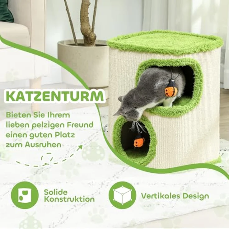 PawHut Kratztonne, 52 cm Katzentonne mit 2 Höhle, Grün+Cremeweiß, aus Sisal, für Katze bis 5 kg – Bild 3