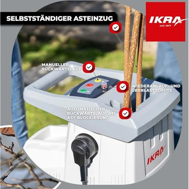 ikra GmbH Häcksler ILH 3000 S, 3000 Watt Walzenhäcksler mit 4,4 cm max. Astdurchmesser und automatischem Asteinzug – Bild 2