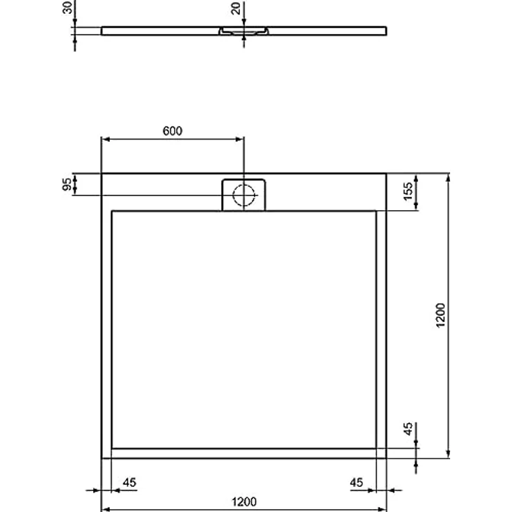 Ideal Standard Ultra Flat S i.life Quadrat-Brausewanne, 1200x1200x30mm, Mineralguss mit rutschhemmender Oberfläche, Ablaufmitte – Bild 6