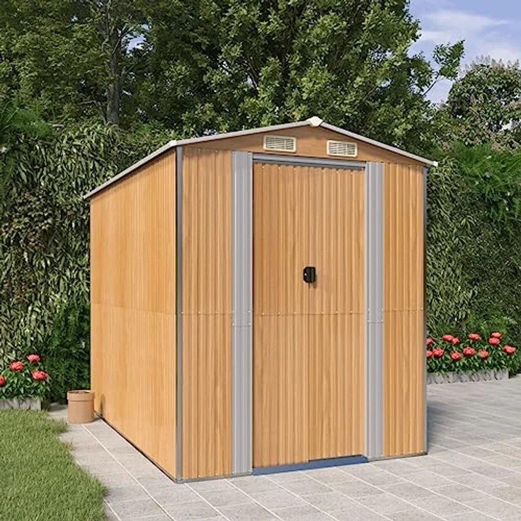 vidaXL Geräteschuppen Gerätehaus Garten Schuppen Gartenhaus Hütte Haus Laube Gartenschuppen Lagerschuppen Hellbraun 192x274x223cm Verzinkter Stahl – Bild 2