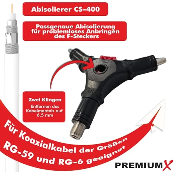 PremiumX Abisolierer CS-400, 4-in-1 Universal Multitool für RG59 und RG6 Koaxialkabel, Entmanteler mit komfortabler Handhabung – Bild 3