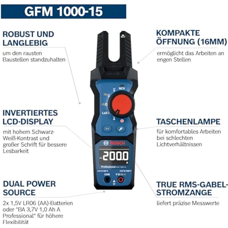 Bosch Professional GFM 1000-15, Digital-Stromzangen-Multimeter bis 1.000 V, Blau/Schwarz, True RMS, IP54, integrierter NCV – Bild 3