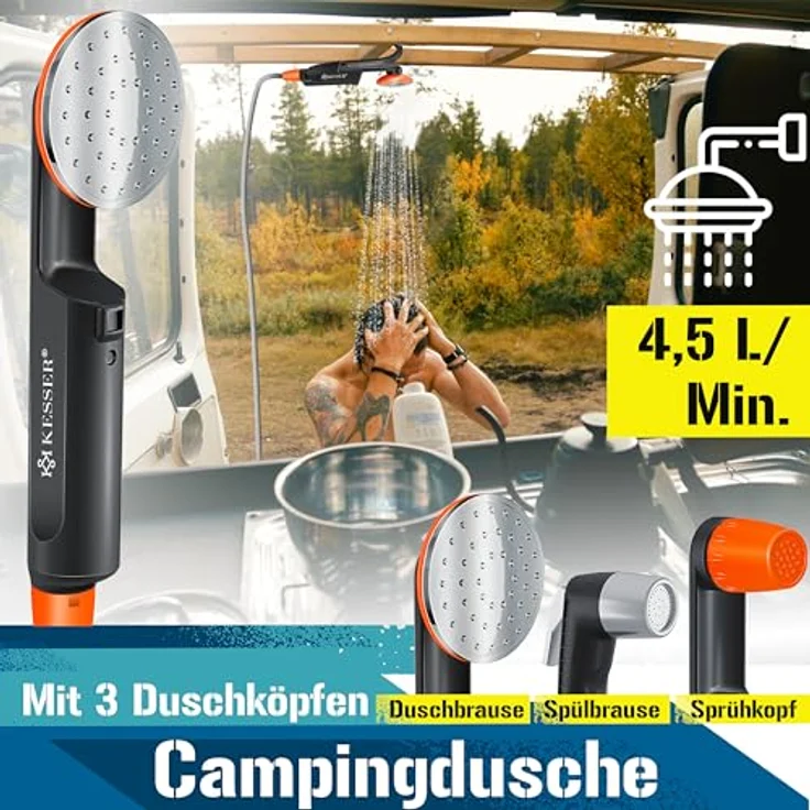 KESSER Campingdusche mit Akku Tauchpumpe Handbrause 2x 2200mAh-Lithium-Akku, USB-Ladekabel , für Camping Garten - Auto - Outdoor , Hundedusche , Autoreinigung , Inkl. Tragetasche, 12V Pumpe Schwarz - Orange - Preisvergleich – Bild 2